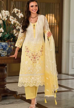 Embroidered Organza Pakistani Suit in Cream and Yellow