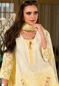 Embroidered Organza Pakistani Suit in Cream and Yellow