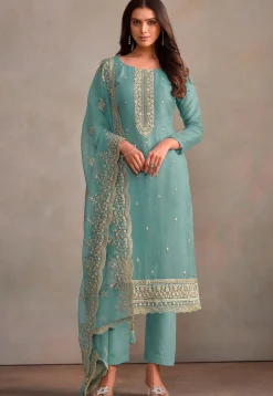 Embroidered Organza Pakistani Suit in Sky Blue