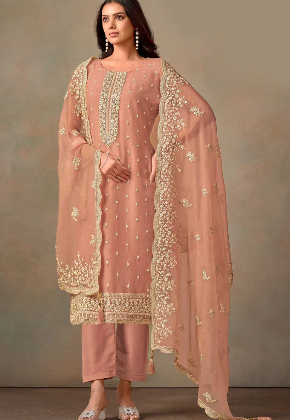 Embroidered Organza Pakistani Suit in Peach