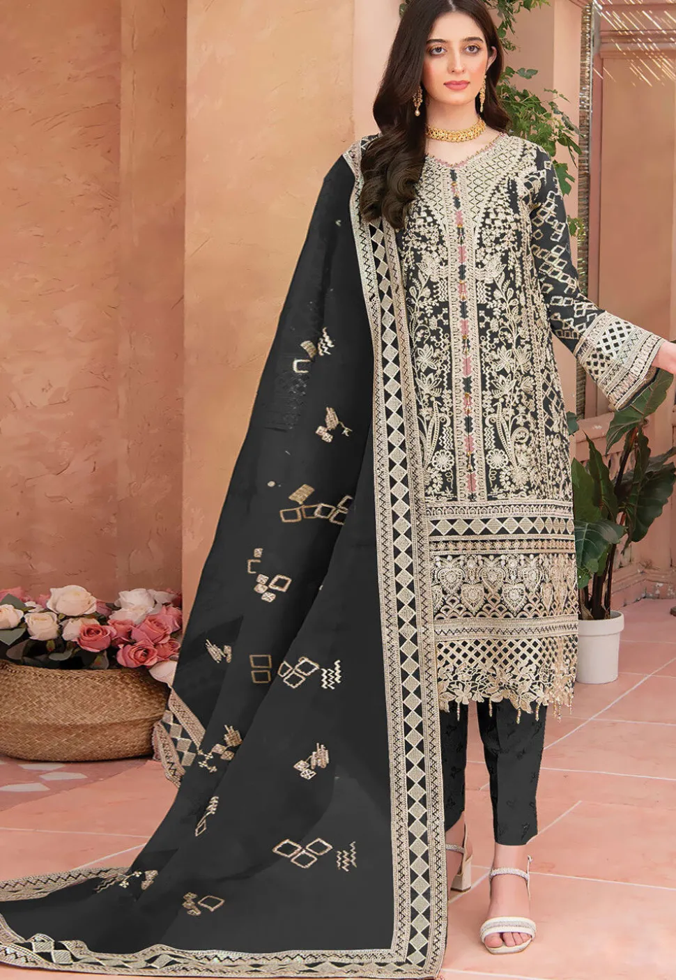 Embroidered Organza Pakistani Suit in Black