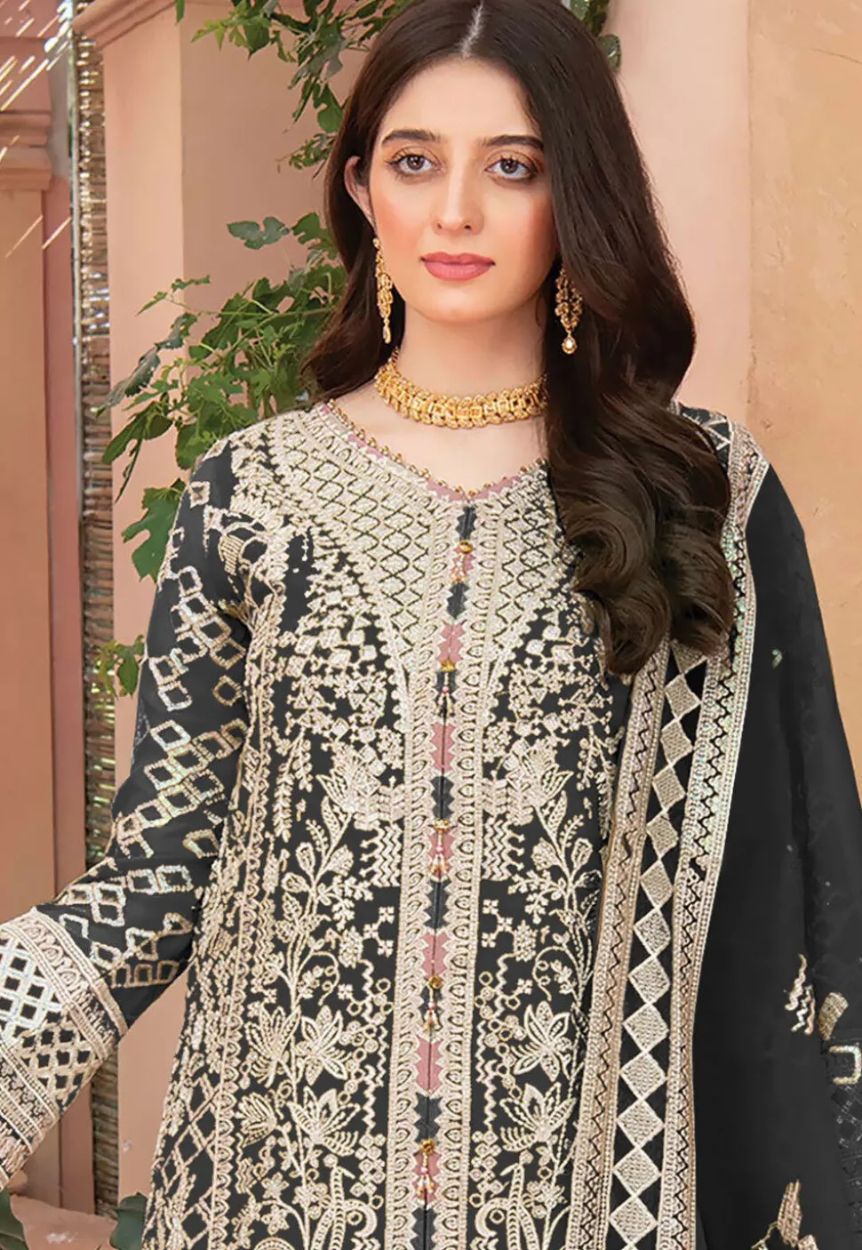 Embroidered Organza Pakistani Suit in Black