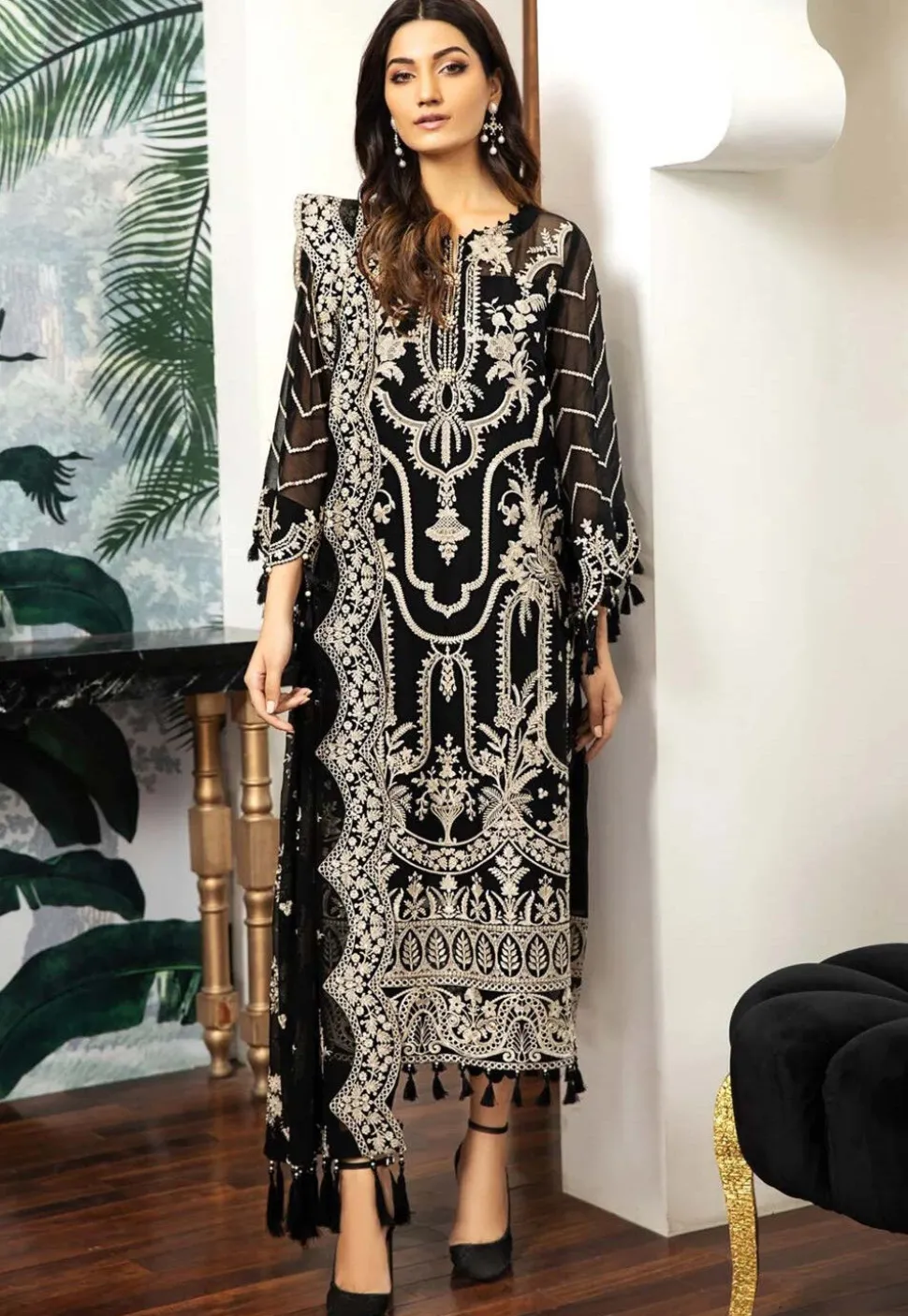 Embroidered Organza Pakistani Suit in Black
