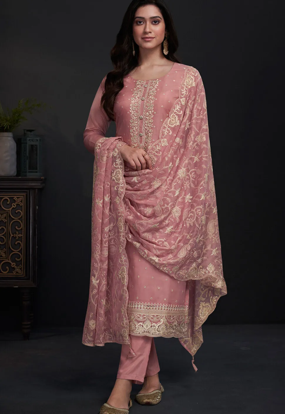 Embroidered Organza Pakistani Suit in Pink