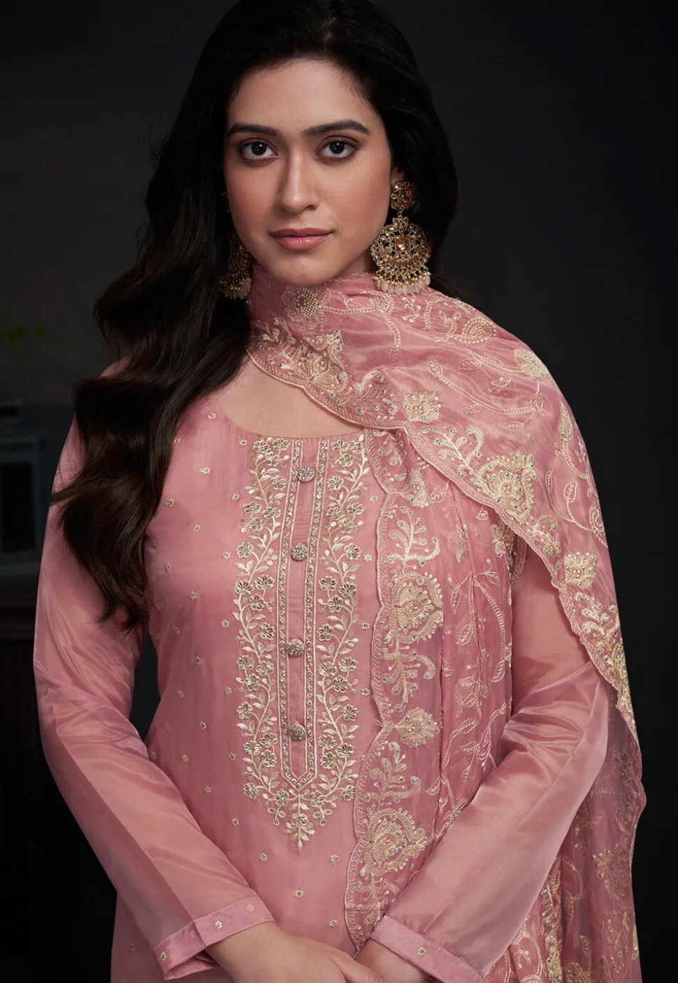 Embroidered Organza Pakistani Suit in Pink