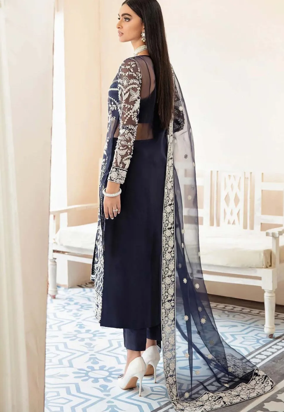 Embroidered Organza Pakistani Suit in Navy Blue