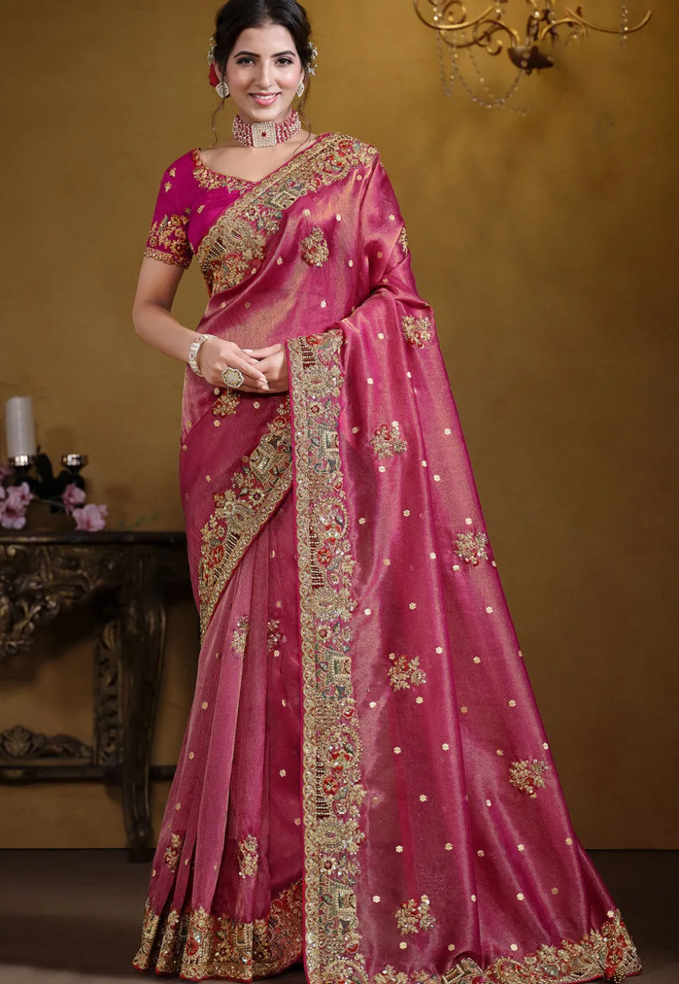 Embroidered Organza Saree in Pink