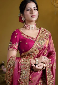 Embroidered Organza Saree in Pink