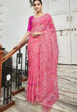 Embroidered Organza Saree in Pink