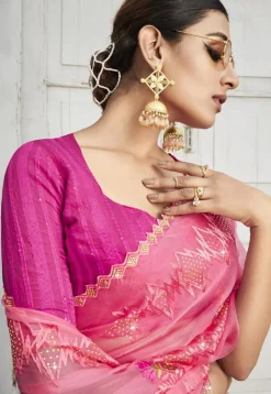 Embroidered Organza Saree in Pink