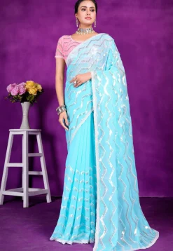 Embroidered Organza Saree in Sky Blue