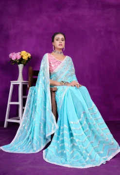 Embroidered Organza Saree in Sky Blue