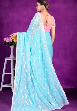 Embroidered Organza Saree in Sky Blue