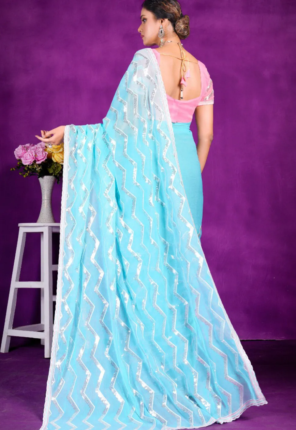 Embroidered Organza Saree in Sky Blue