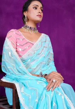 Embroidered Organza Saree in Sky Blue