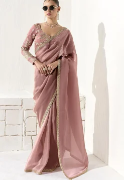 Embroidered Organza Saree in Pink