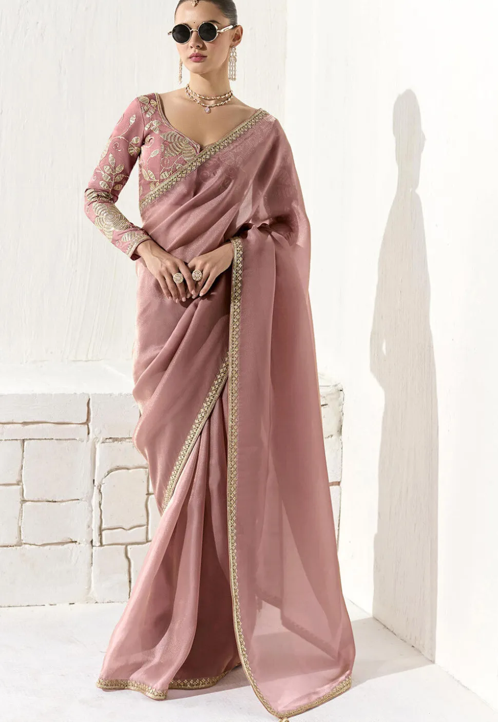 Embroidered Organza Saree in Pink
