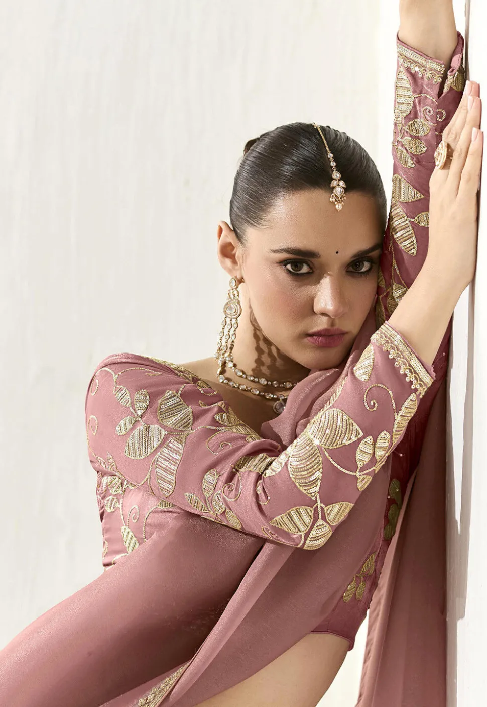 Embroidered Organza Saree in Pink