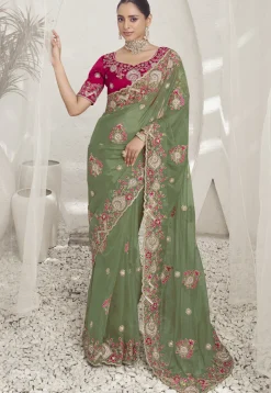 Embroidered Organza Saree in Light Green