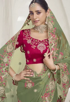 Embroidered Organza Saree in Light Green