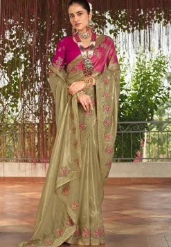 Embroidered Organza Saree in Beige