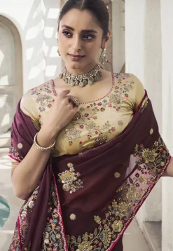 Embroidered Organza Saree in Purple