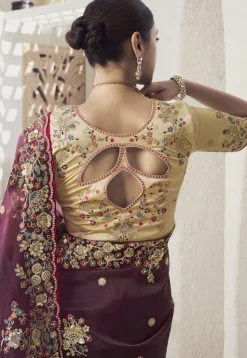Embroidered Organza Saree in Purple