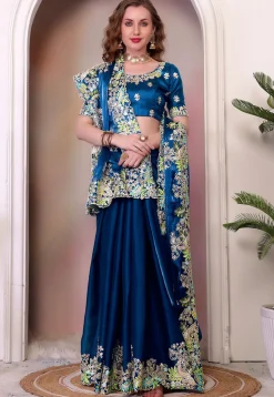 Embroidered Organza Saree in Teal Blue