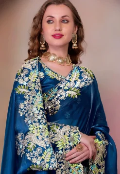 Embroidered Organza Saree in Teal Blue