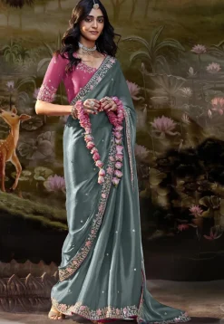 Embroidered Organza Saree in Grey