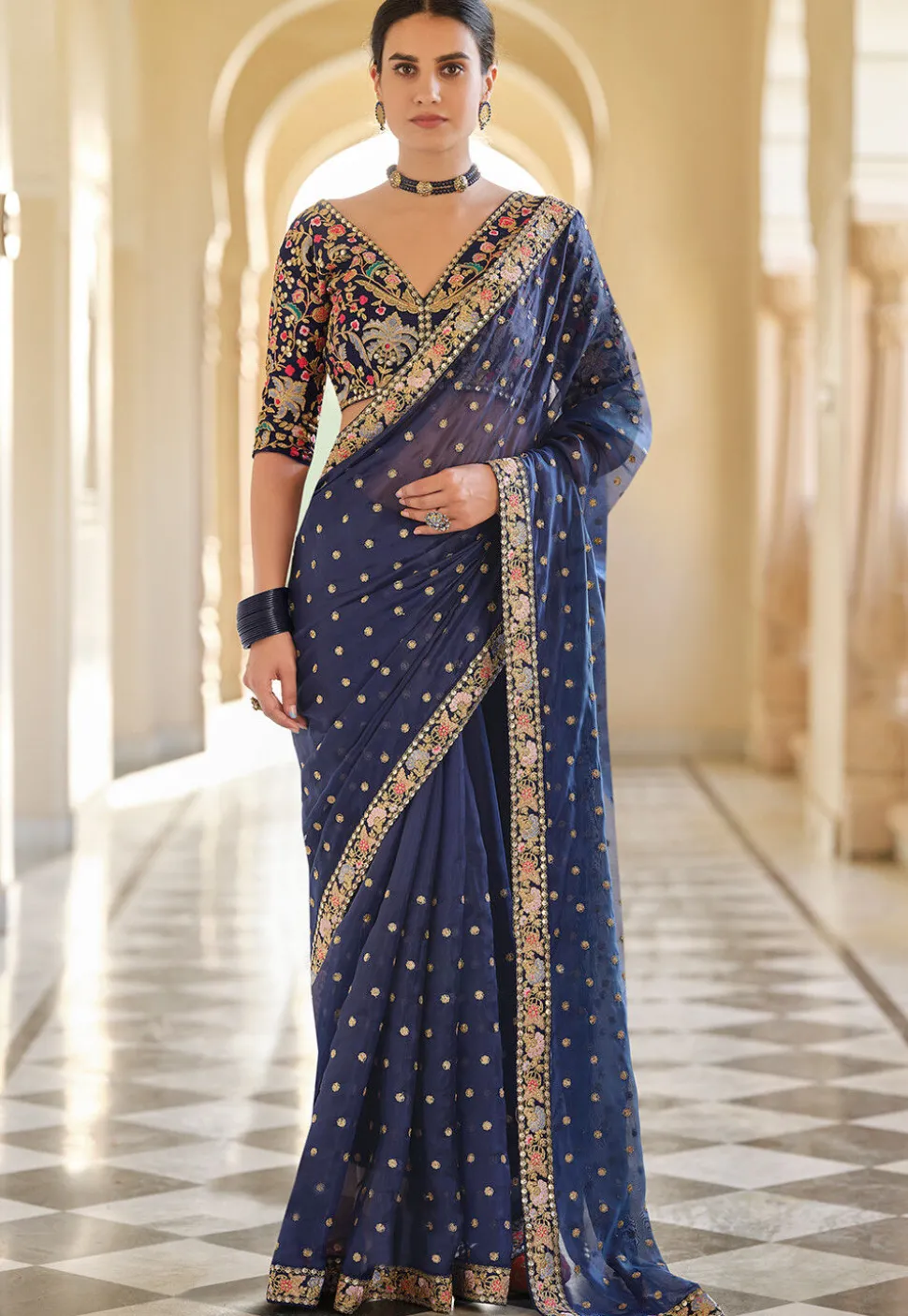 Embroidered Organza Saree in Navy Blue