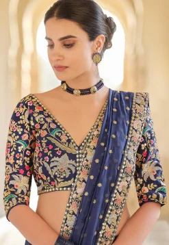 Embroidered Organza Saree in Navy Blue