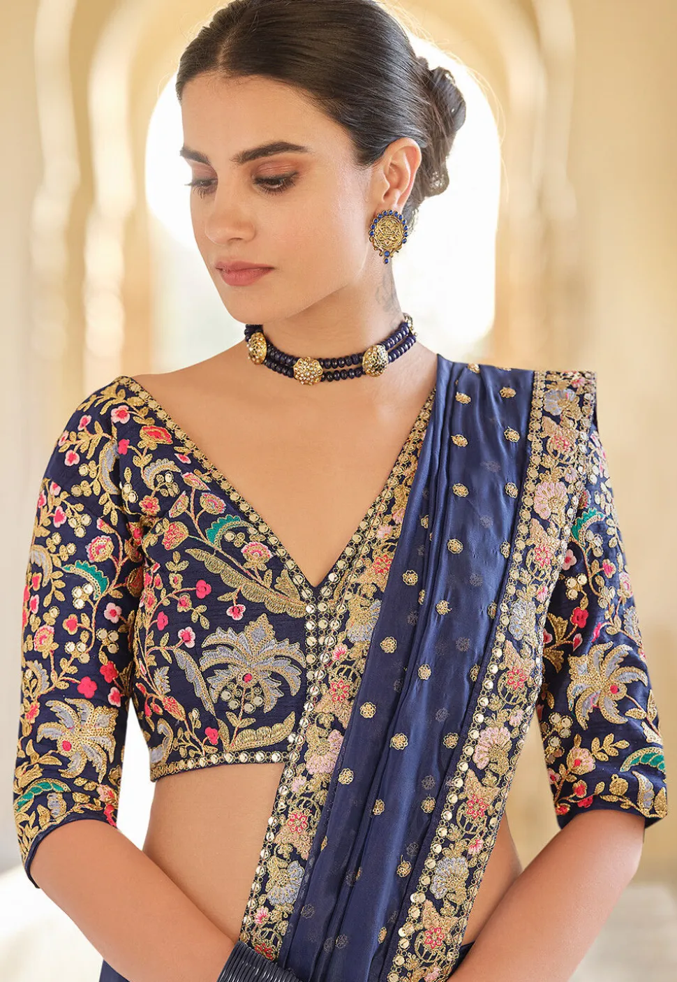 Embroidered Organza Saree in Navy Blue