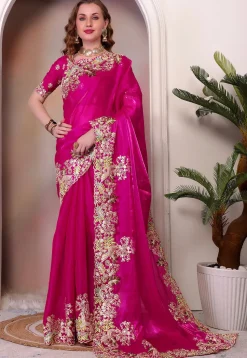 Embroidered Organza Saree in Fuchsia