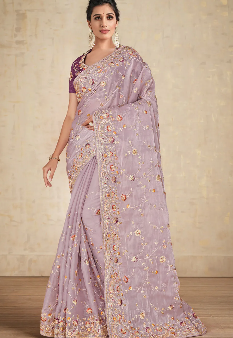 Embroidered Organza Saree in Light Purple
