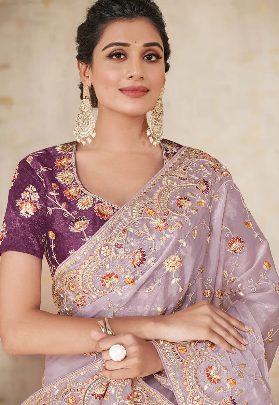 Embroidered Organza Saree in Light Purple