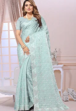 Embroidered Organza Saree in Sky Blue