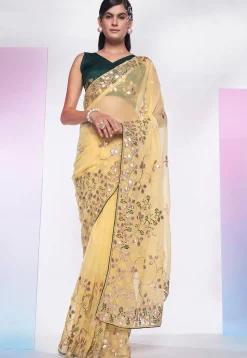 Embroidered Organza Saree in Yellow