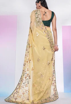 Embroidered Organza Saree in Yellow