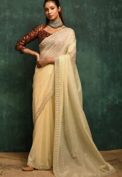 Embroidered Organza Saree in Yellow
