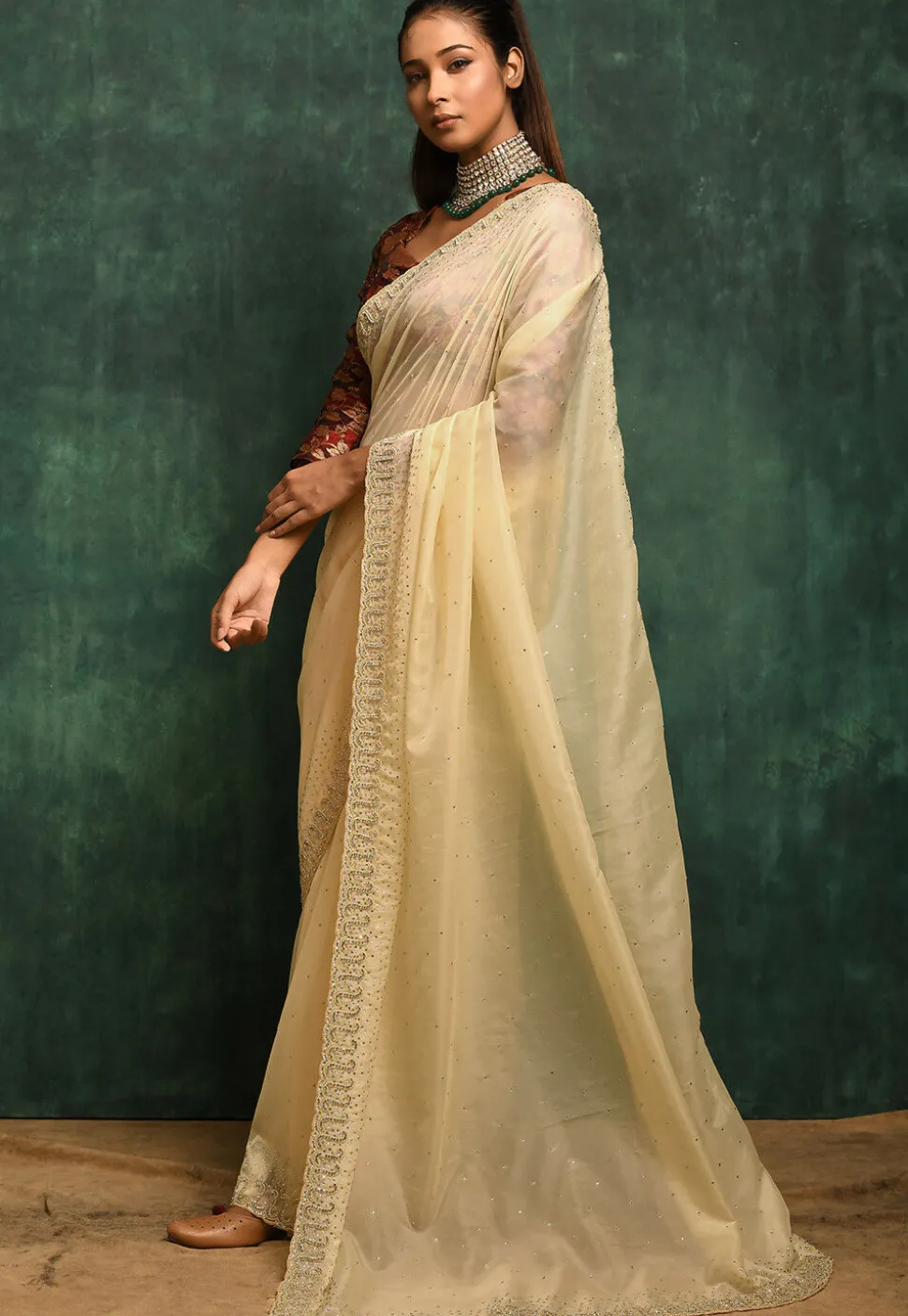Embroidered Organza Saree in Yellow