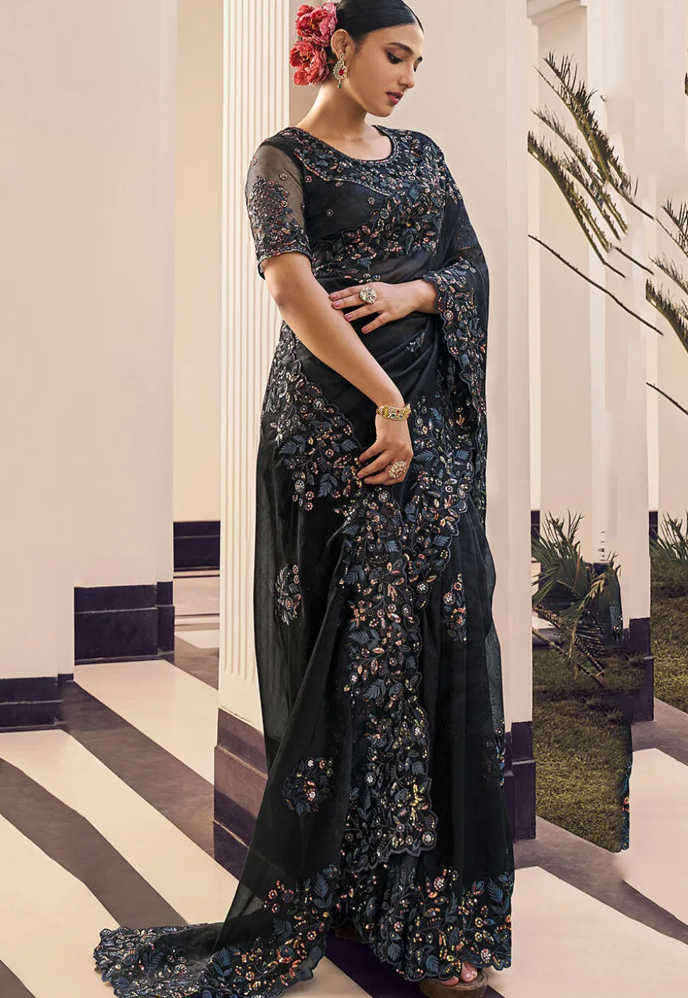 Embroidered Organza Saree in Black