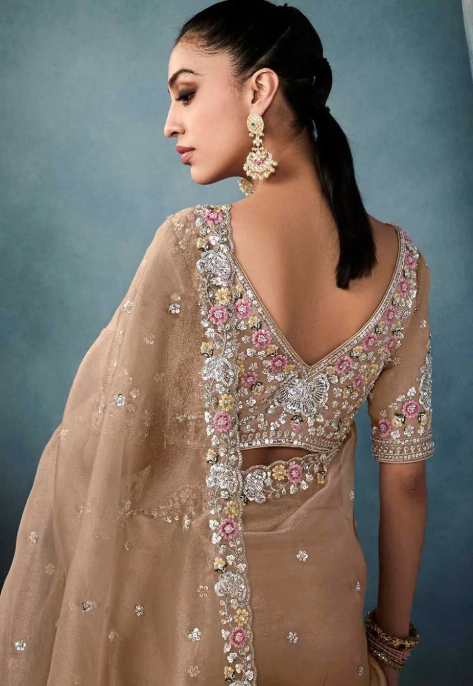 Embroidered Organza Scalloped Saree in Beige