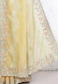 Embroidered Organza Scalloped Saree in Light Yellow