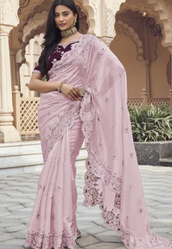 Embroidered Organza Scalloped Saree in Pink