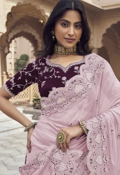 Embroidered Organza Scalloped Saree in Pink