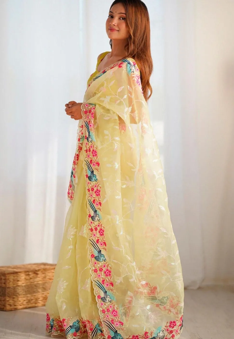 Embroidered Organza Scalloped Saree in Yellow