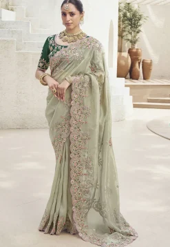 Embroidered Organza Scalloped Saree in Pastel Green