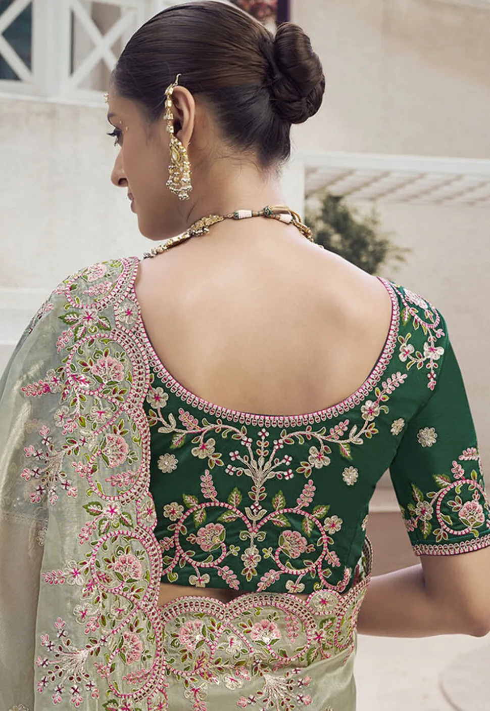 Embroidered Organza Scalloped Saree in Pastel Green