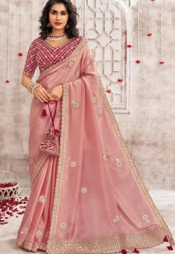 Embroidered Organza Scalloped Saree in Peach